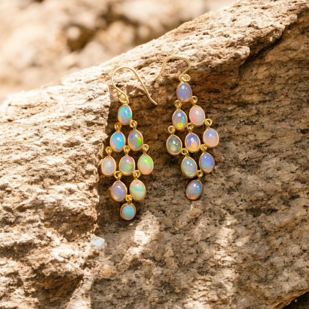Ethiopian Opal Earrings • 2” Dangle • 925 Silver 18K Gold Plated • Handmade - Picture 3 of 10